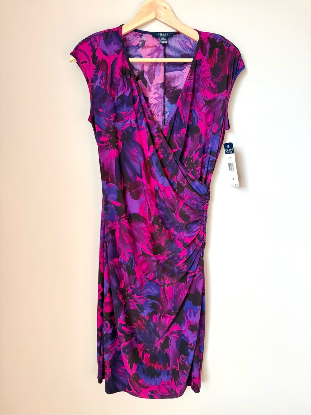 NWT Chaps Women's Pink & Purple Floral Faux Wrap Flattering Stretch Dress